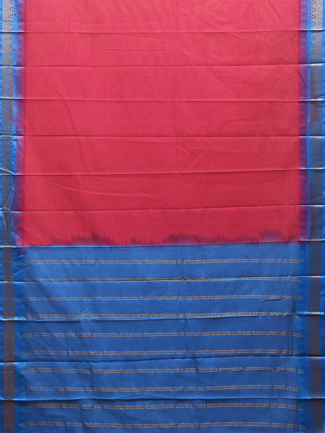 Pink and Blue Gadwal Cotton Plain Saree with Strips Pallu and Border Design No Blouse g0401