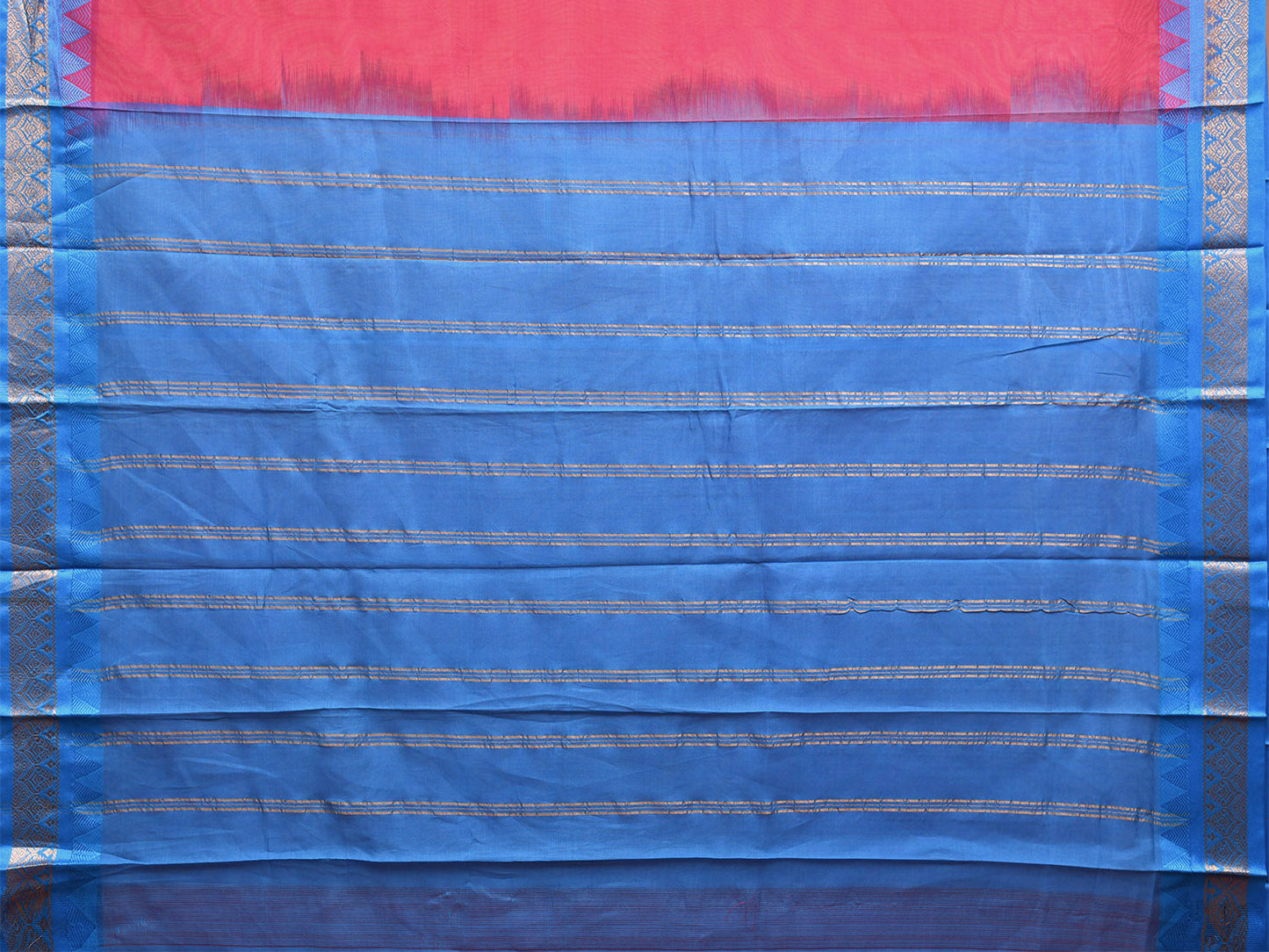 Pink and Blue Gadwal Cotton Plain Saree with Strips Pallu and Border Design No Blouse g0401