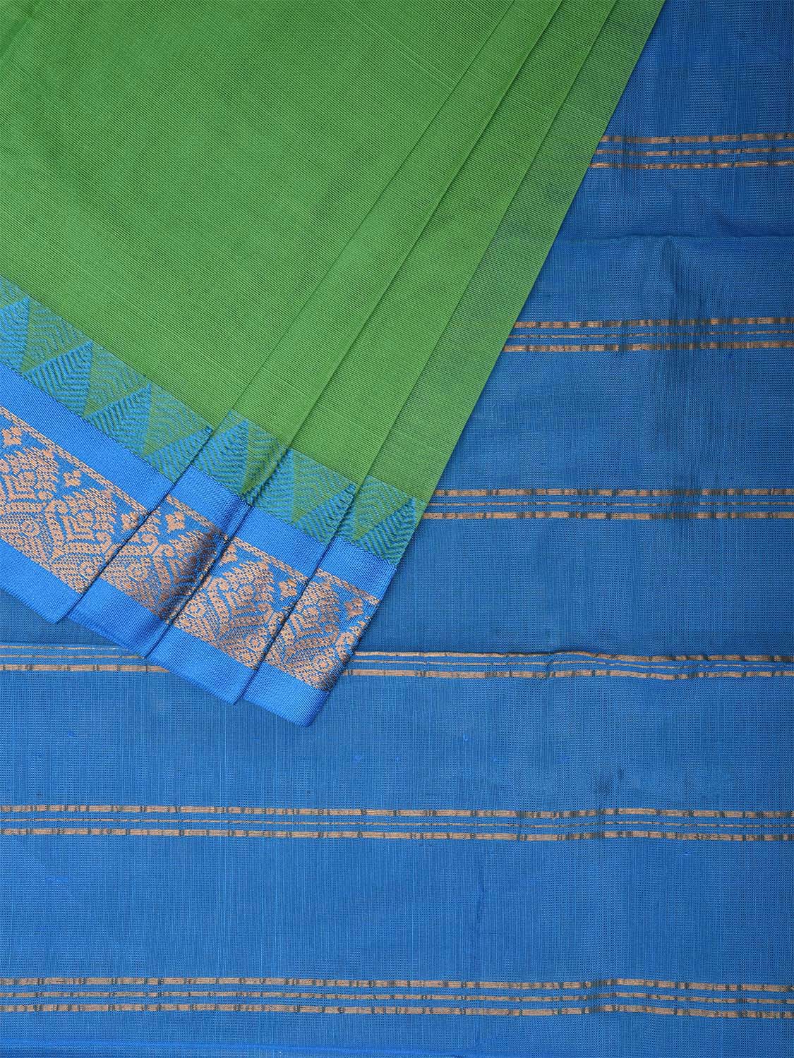 Green and Blue Gadwal Cotton Plain Saree with Strips Pallu and Border Design No Blouse g0402