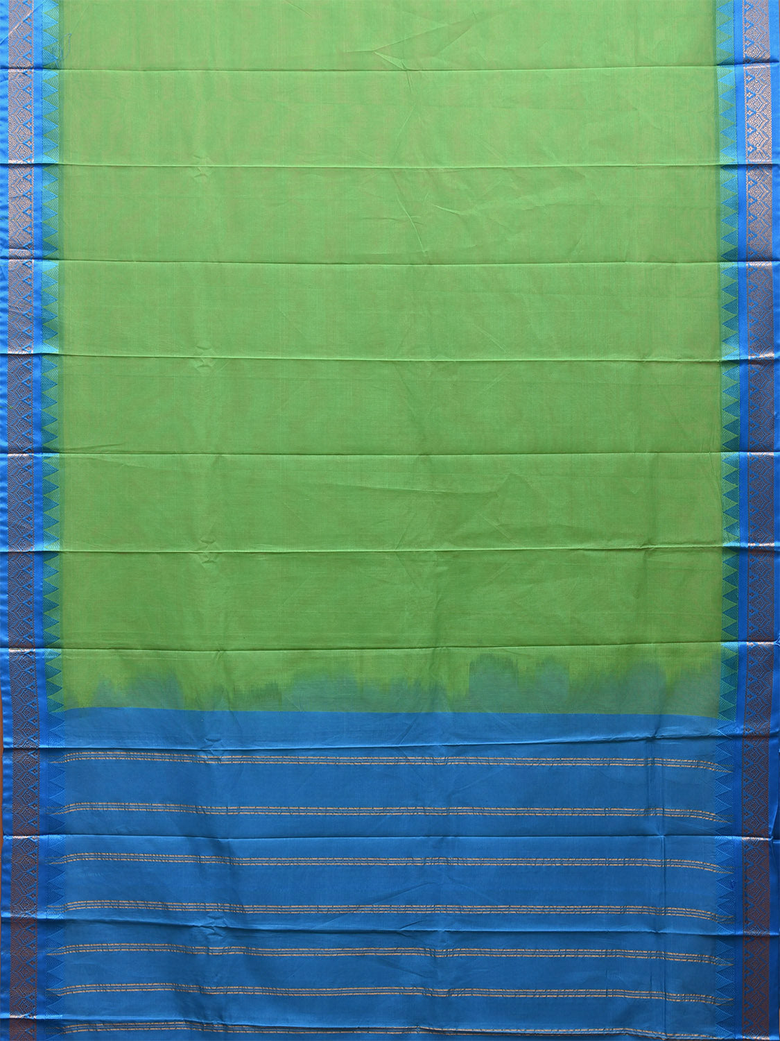 Green and Blue Gadwal Cotton Plain Saree with Strips Pallu and Border Design No Blouse g0402
