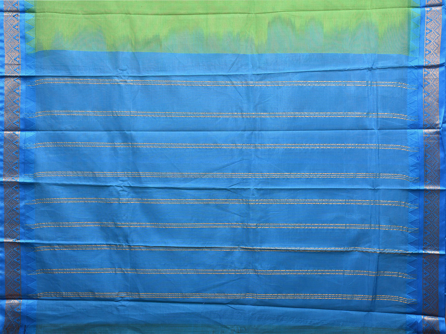 Green and Blue Gadwal Cotton Plain Saree with Strips Pallu and Border Design No Blouse g0402