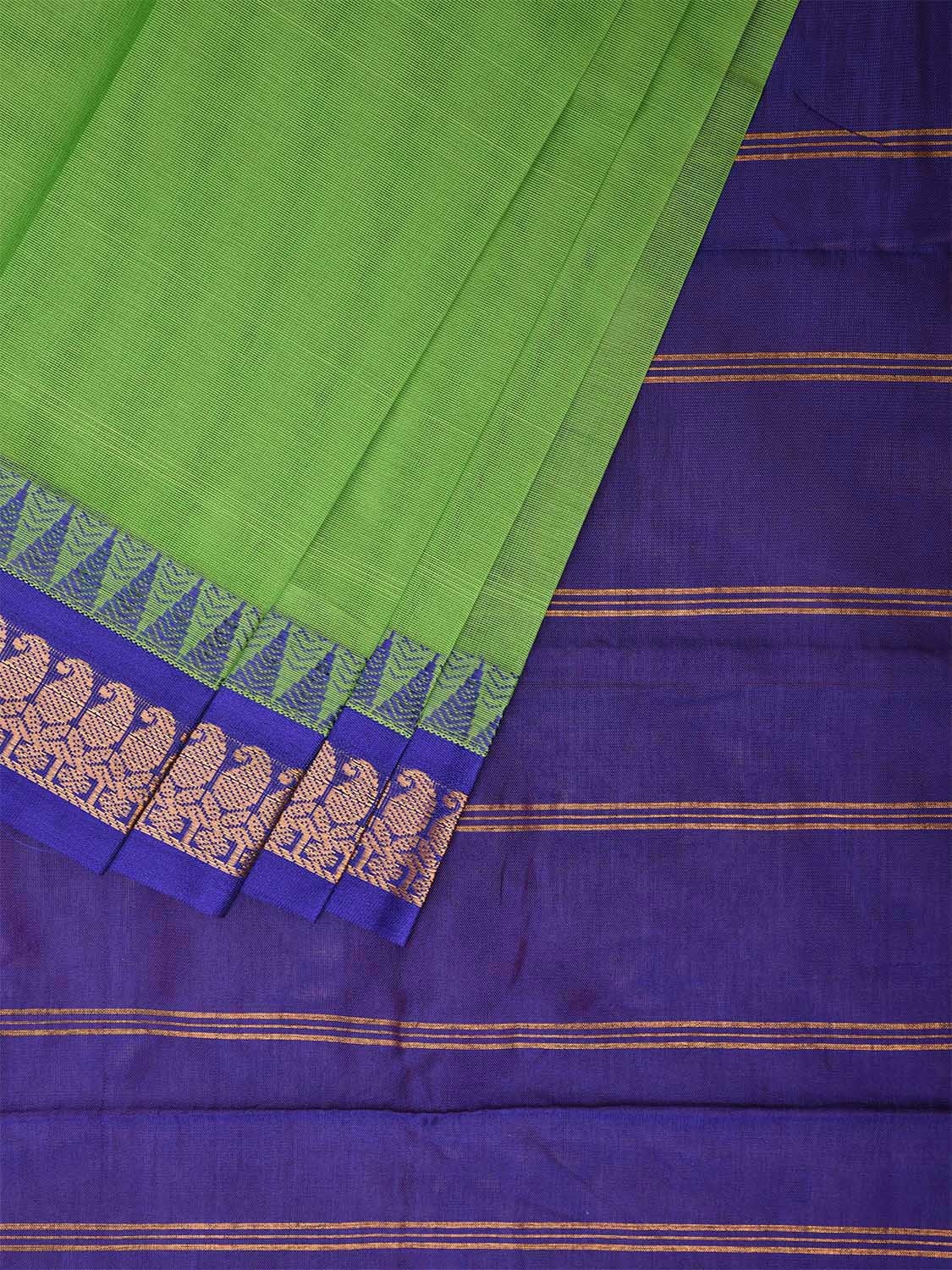 Green and Dark Blue Gadwal Cotton Plain Saree with Strips Pallu and Border Design No Blouse g0403