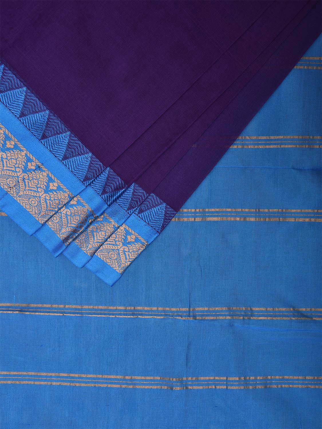 Indigo and Blue Gadwal Cotton Plain Saree with Strips Pallu and Border Design No Blouse g0404