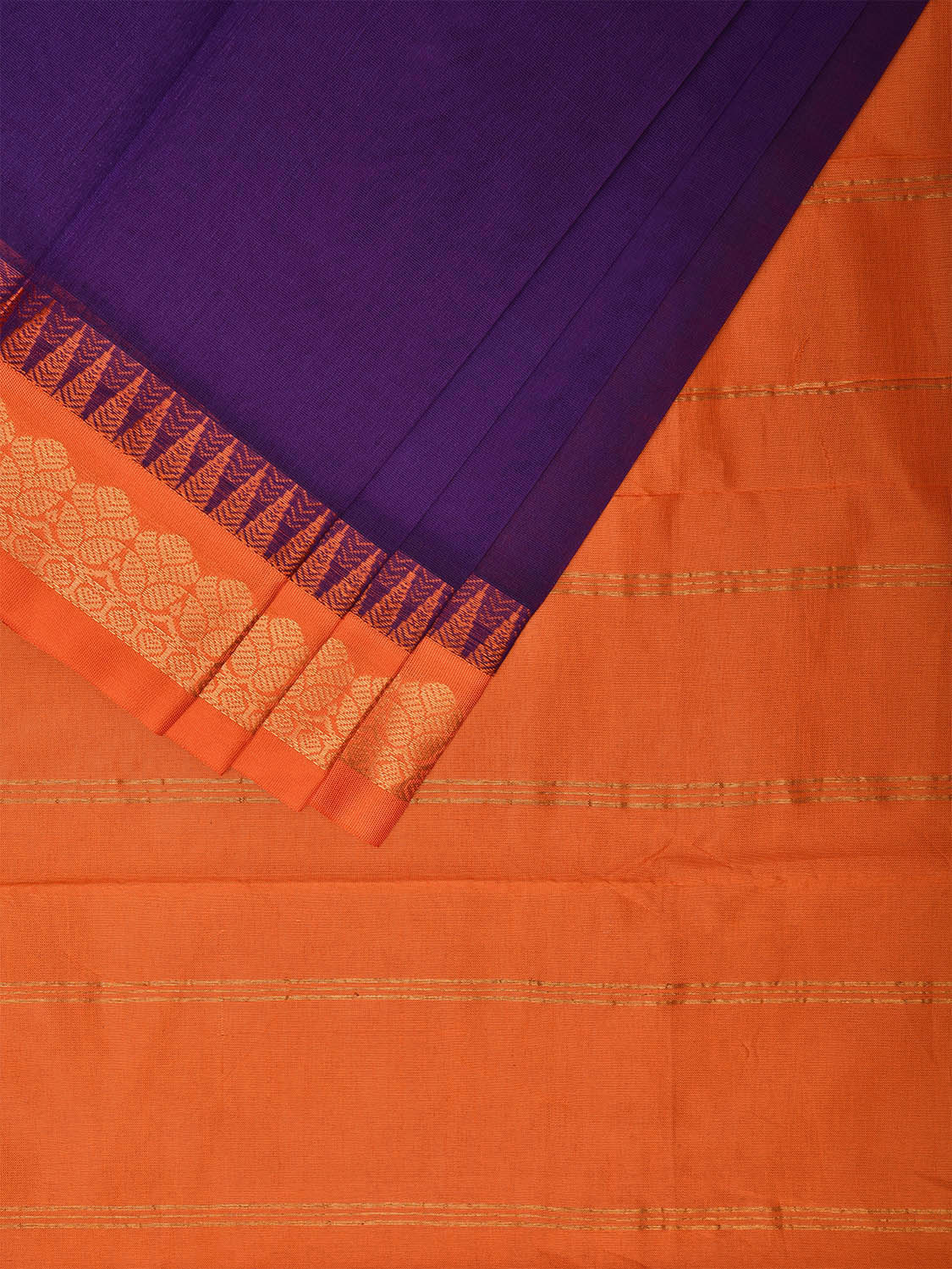 Indigo and Orange Gadwal Cotton Plain Saree with Strips Pallu and Border Design No Blouse g0405