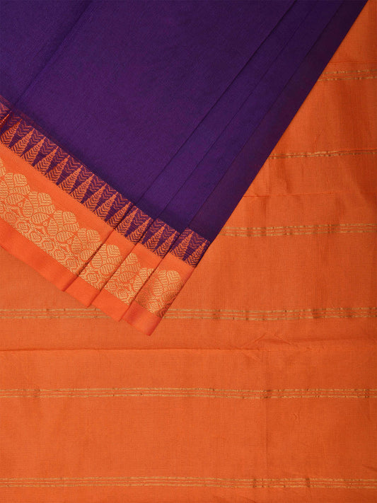 Indigo and Orange Gadwal Cotton Plain Saree with Strips Pallu and Border Design No Blouse g0405