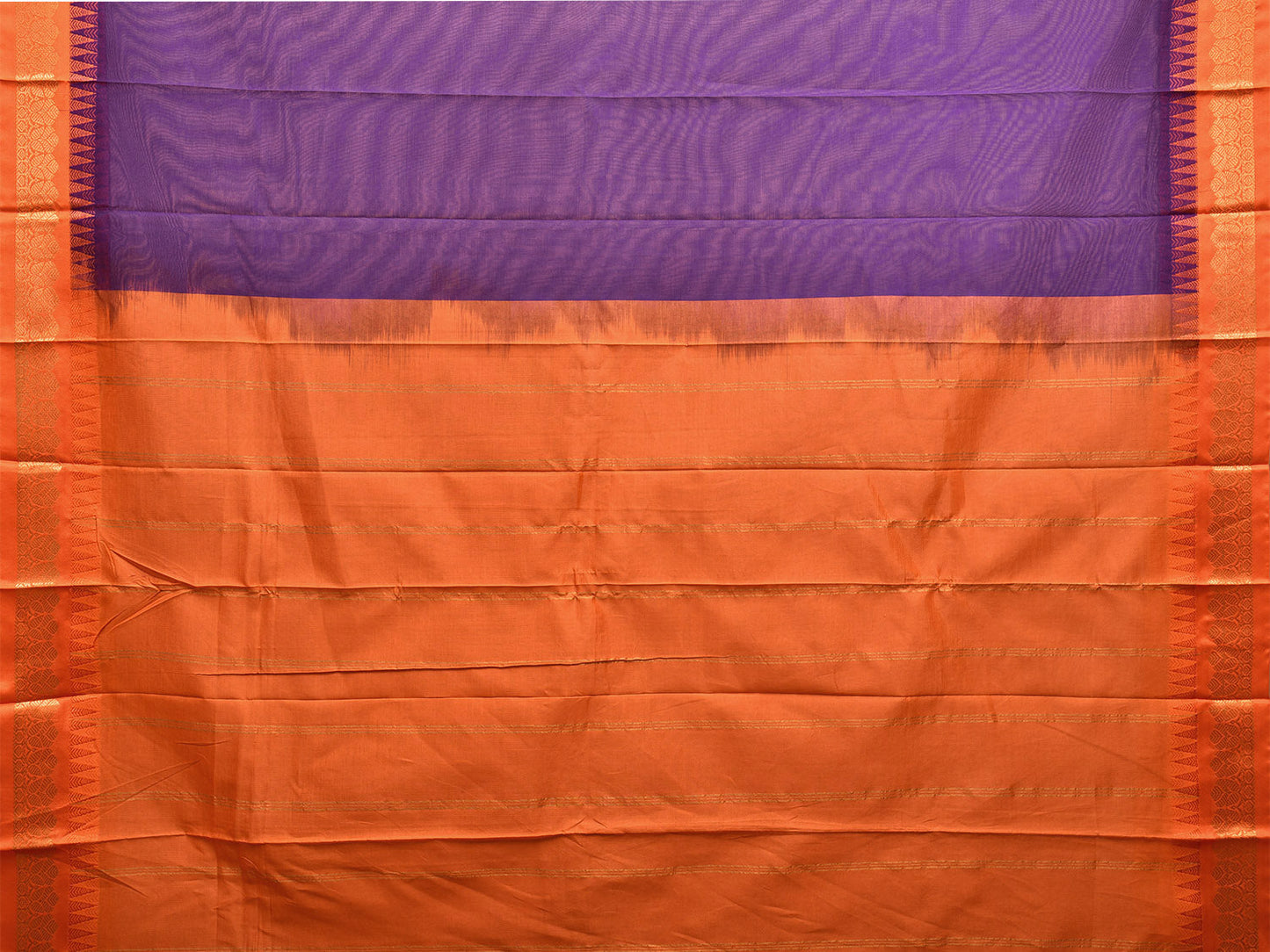 Indigo and Orange Gadwal Cotton Plain Saree with Strips Pallu and Border Design No Blouse g0405