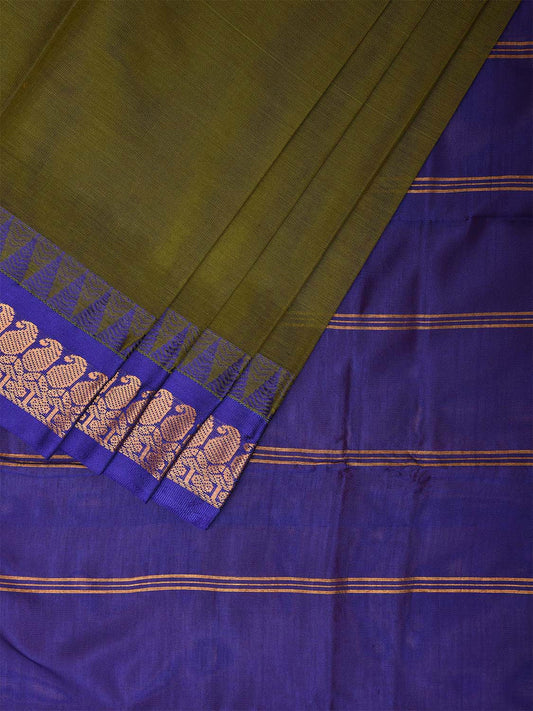 Olive and Dark Blue Gadwal Cotton Plain Saree with Strips Pallu and Border Design No Blouse g0406