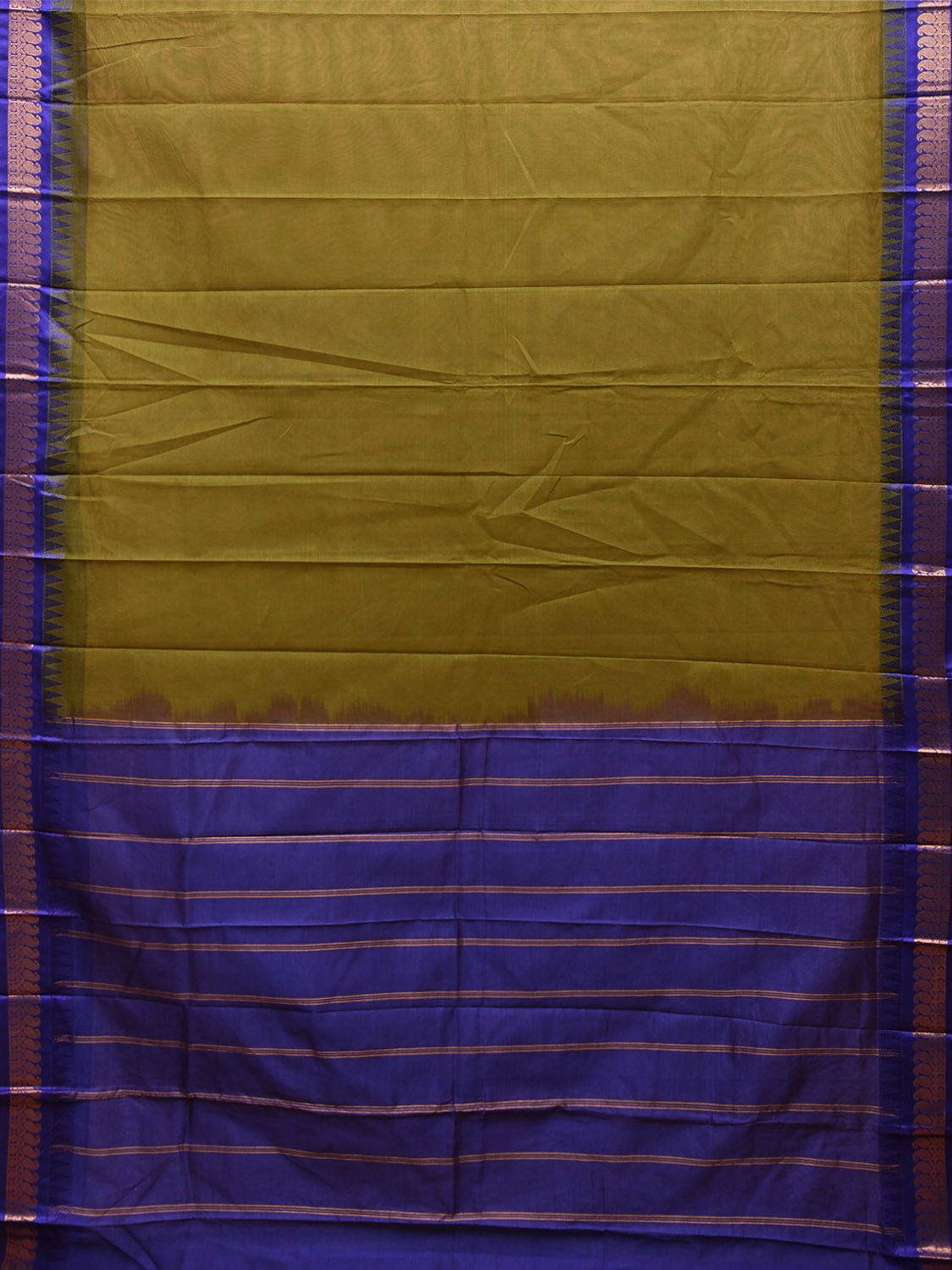 Olive and Dark Blue Gadwal Cotton Plain Saree with Strips Pallu and Border Design No Blouse g0406