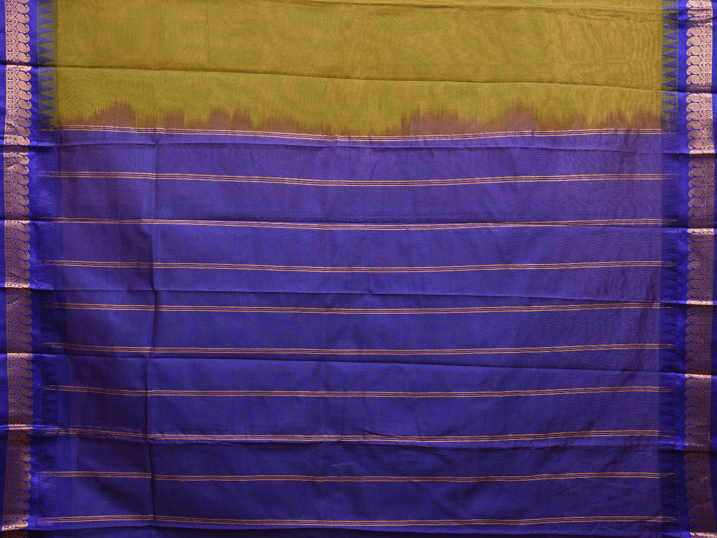 Olive and Dark Blue Gadwal Cotton Plain Saree with Strips Pallu and Border Design No Blouse g0406