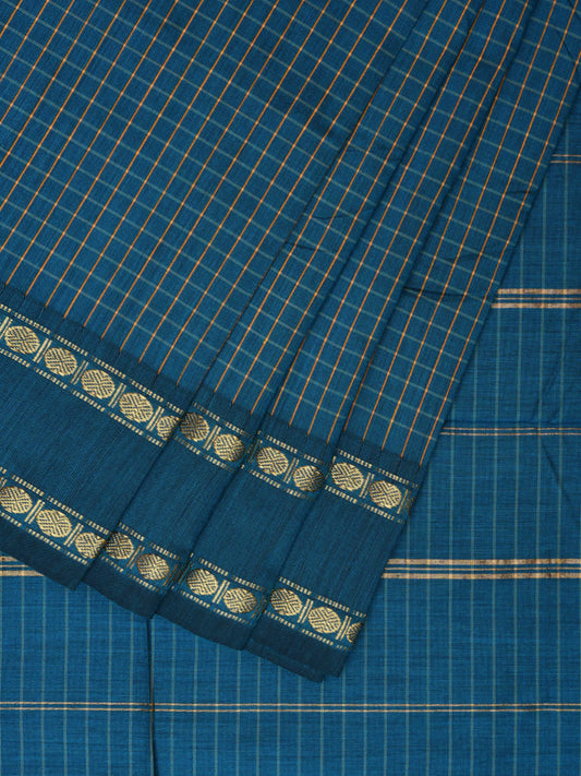 Teal Gadwal Cotton Saree with Checks and Rudraksha Border Design No Blouse g0408