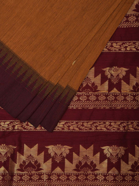 Mustard and Maroon Gadwal Cotton Saree with Pallu and Temple Border Design g0411
