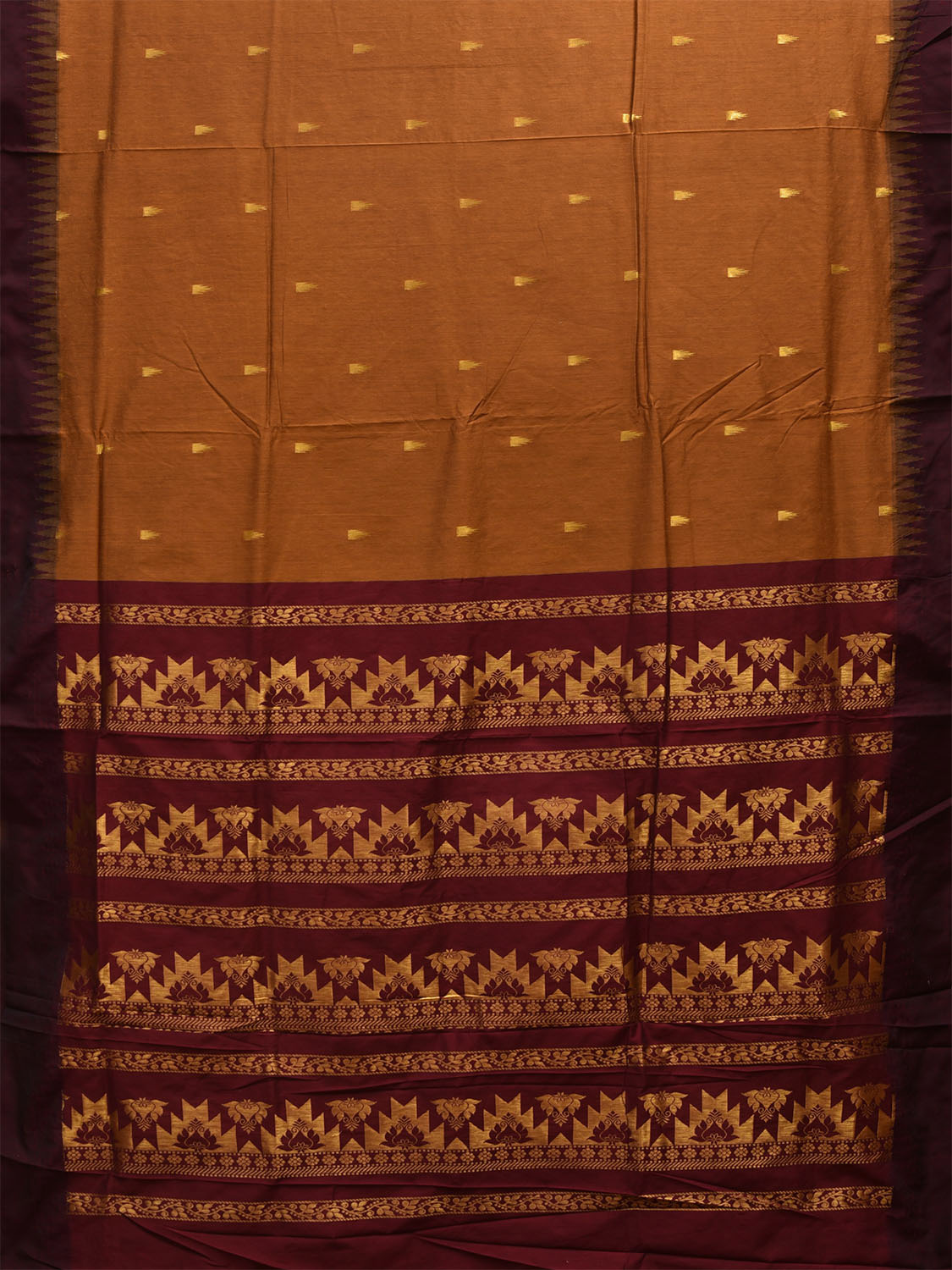 Mustard and Maroon Gadwal Cotton Saree with Pallu and Temple Border Design g0411
