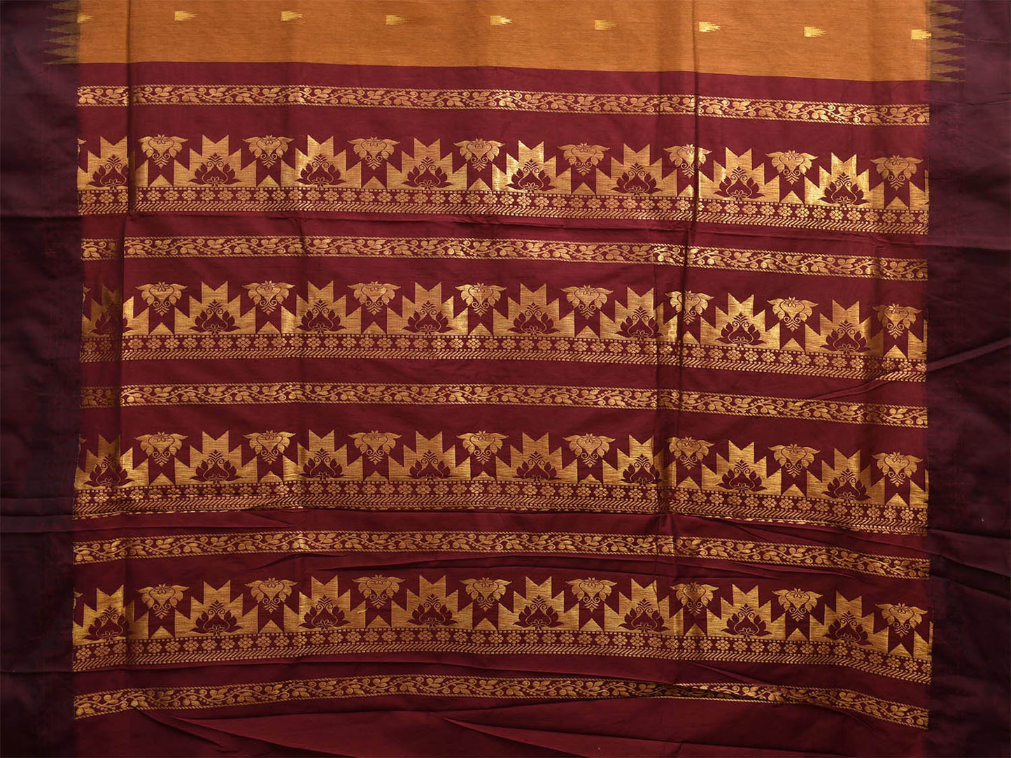 Mustard and Maroon Gadwal Cotton Saree with Pallu and Temple Border Design g0411