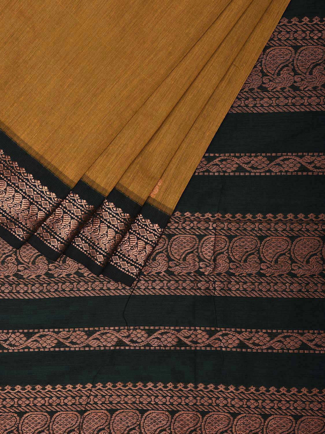 Mustard and Dark Green Gadwal Cotton Saree with Pallu and Border Design g0413