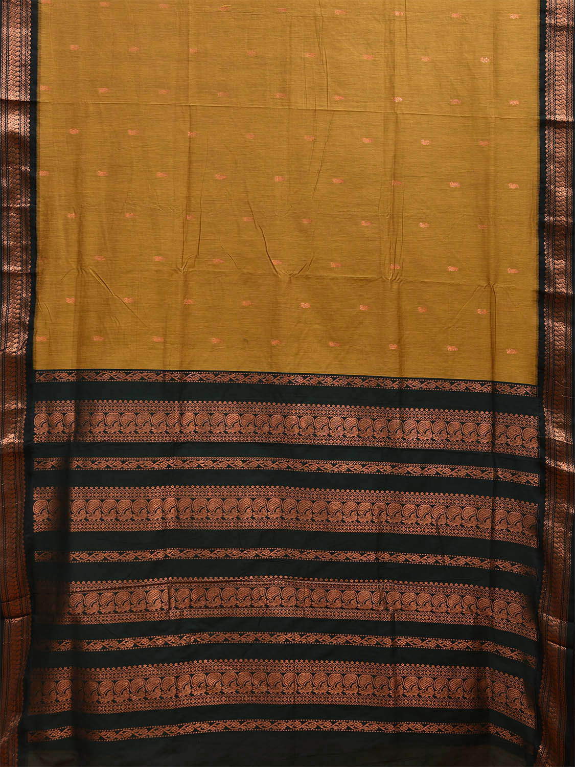 Mustard and Dark Green Gadwal Cotton Saree with Pallu and Border Design g0413