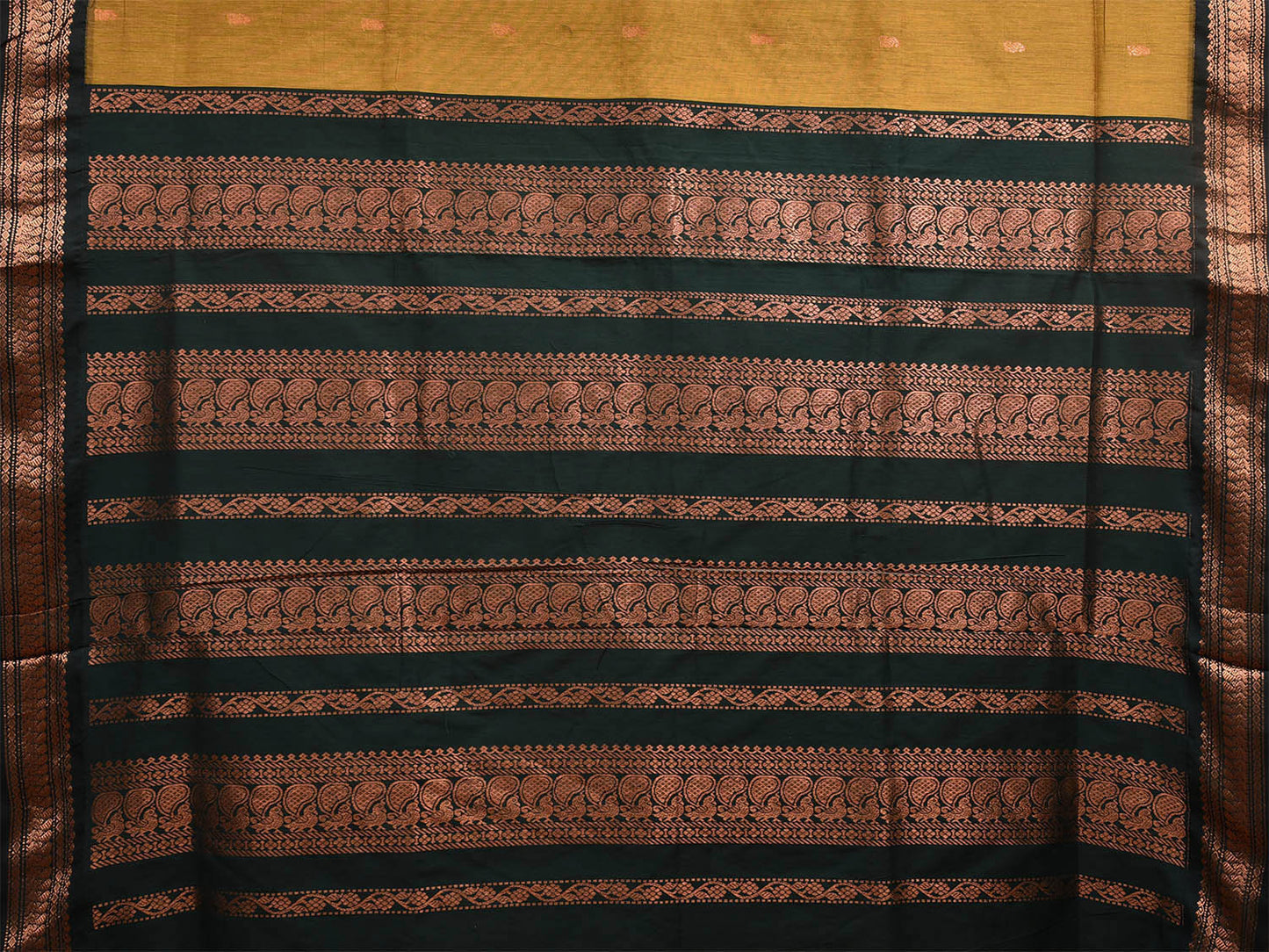 Mustard and Dark Green Gadwal Cotton Saree with Pallu and Border Design g0413