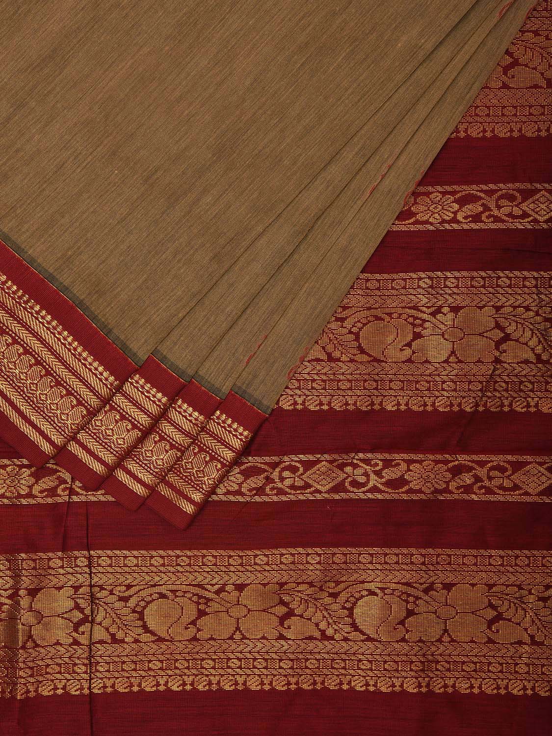 Fawn and Dark Red Gadwal Cotton Saree with Pallu and Border Design g0414