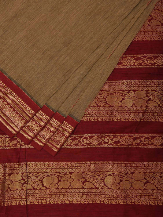 Fawn and Dark Red Gadwal Cotton Saree with Pallu and Border Design g0414