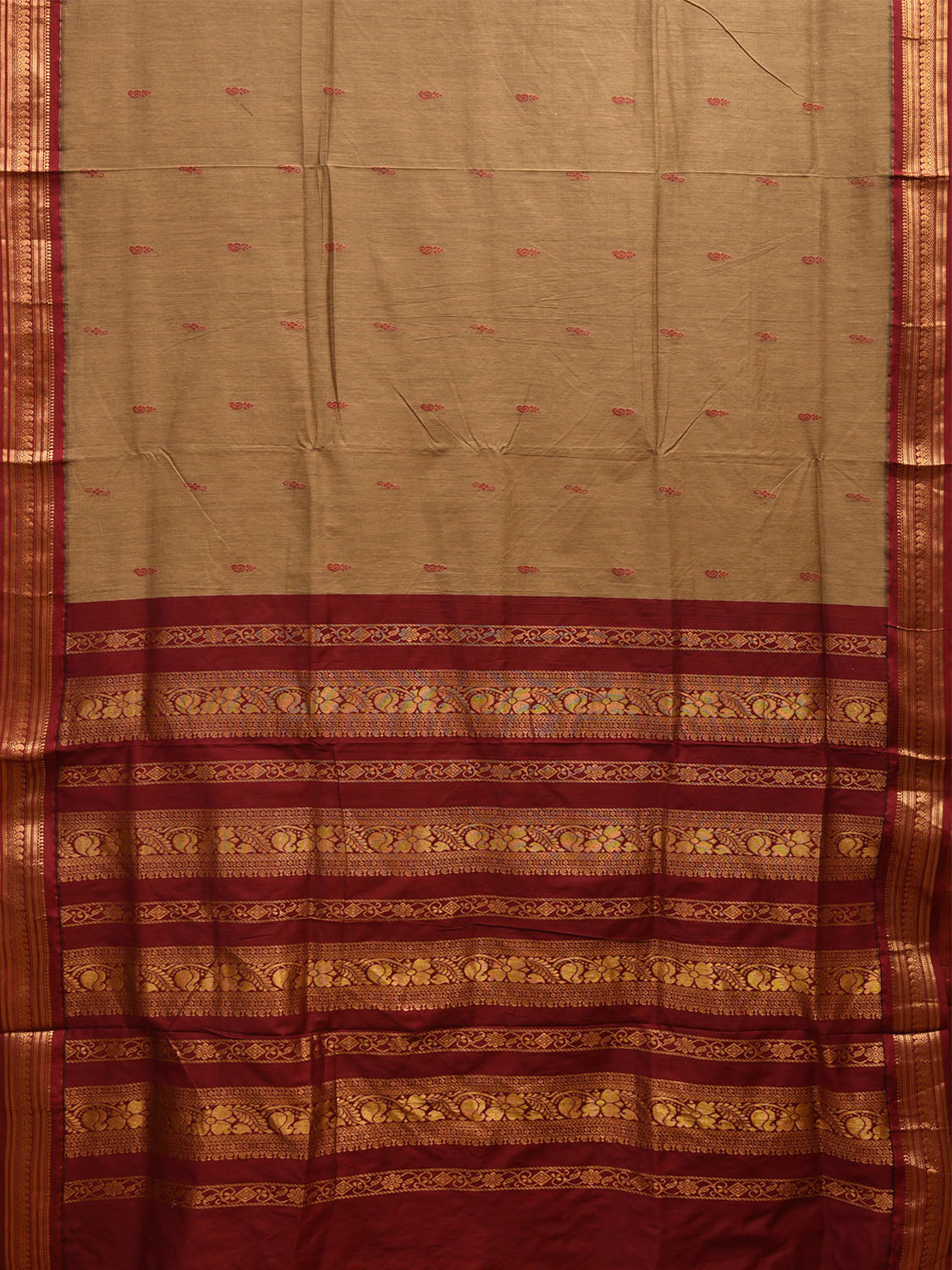 Fawn and Dark Red Gadwal Cotton Saree with Pallu and Border Design g0414