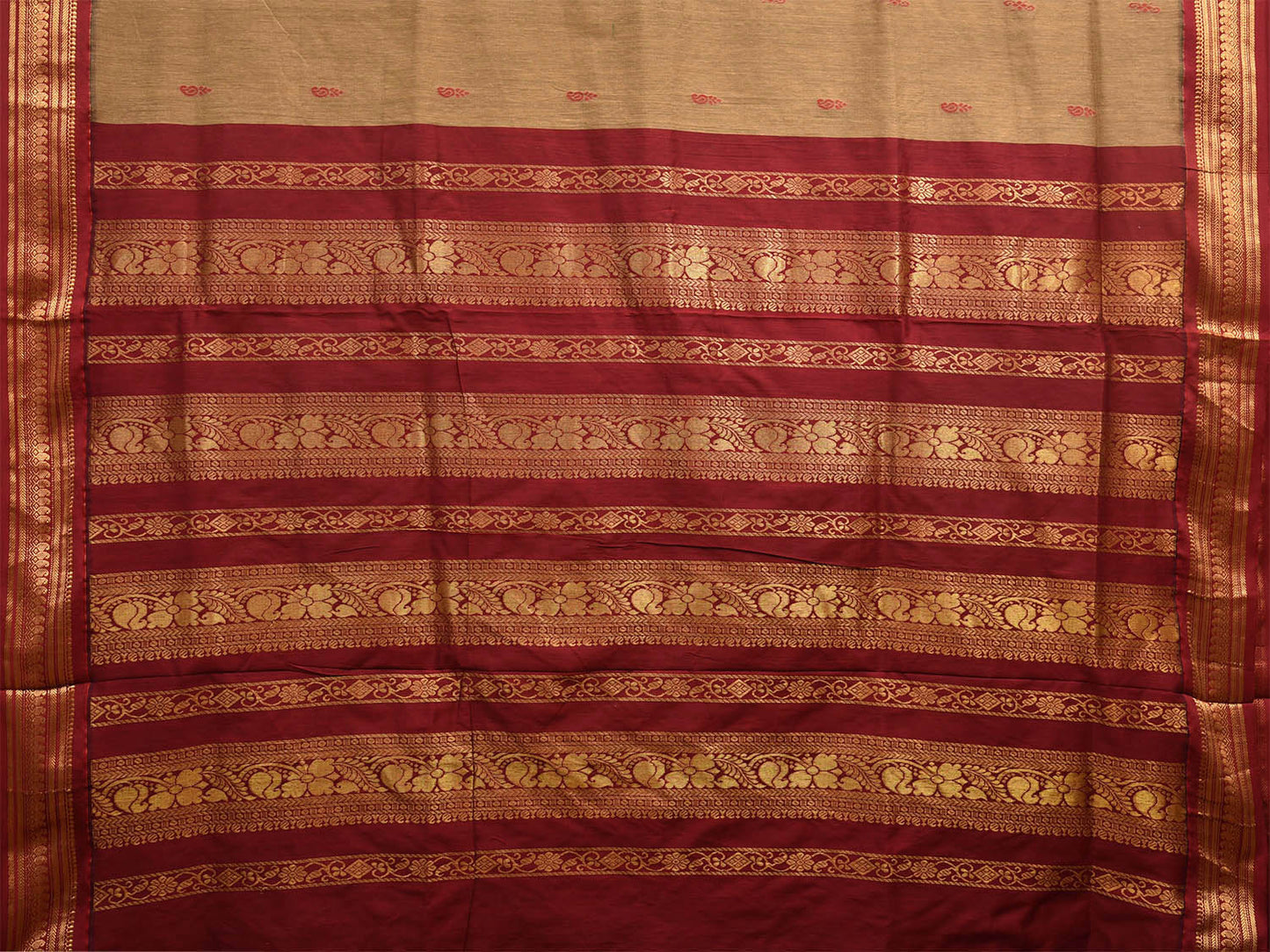 Fawn and Dark Red Gadwal Cotton Saree with Pallu and Border Design g0414