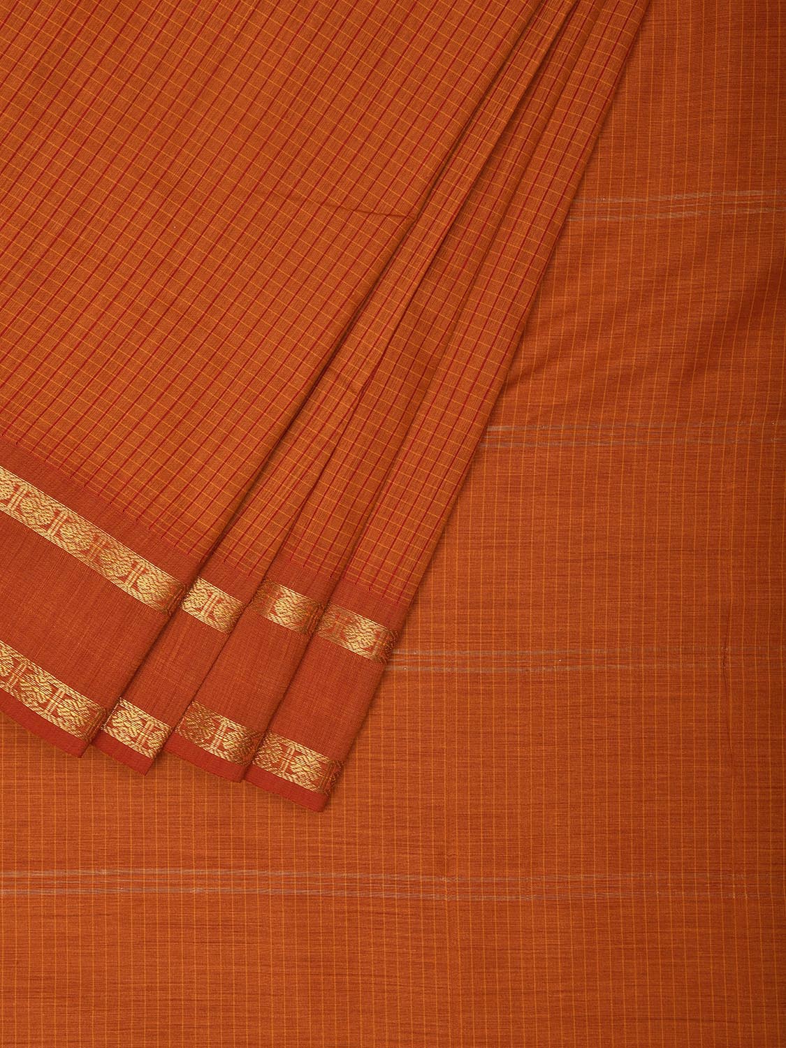 Orange Gadwal Cotton Saree with Checks and Rudraksh Border Design g0415