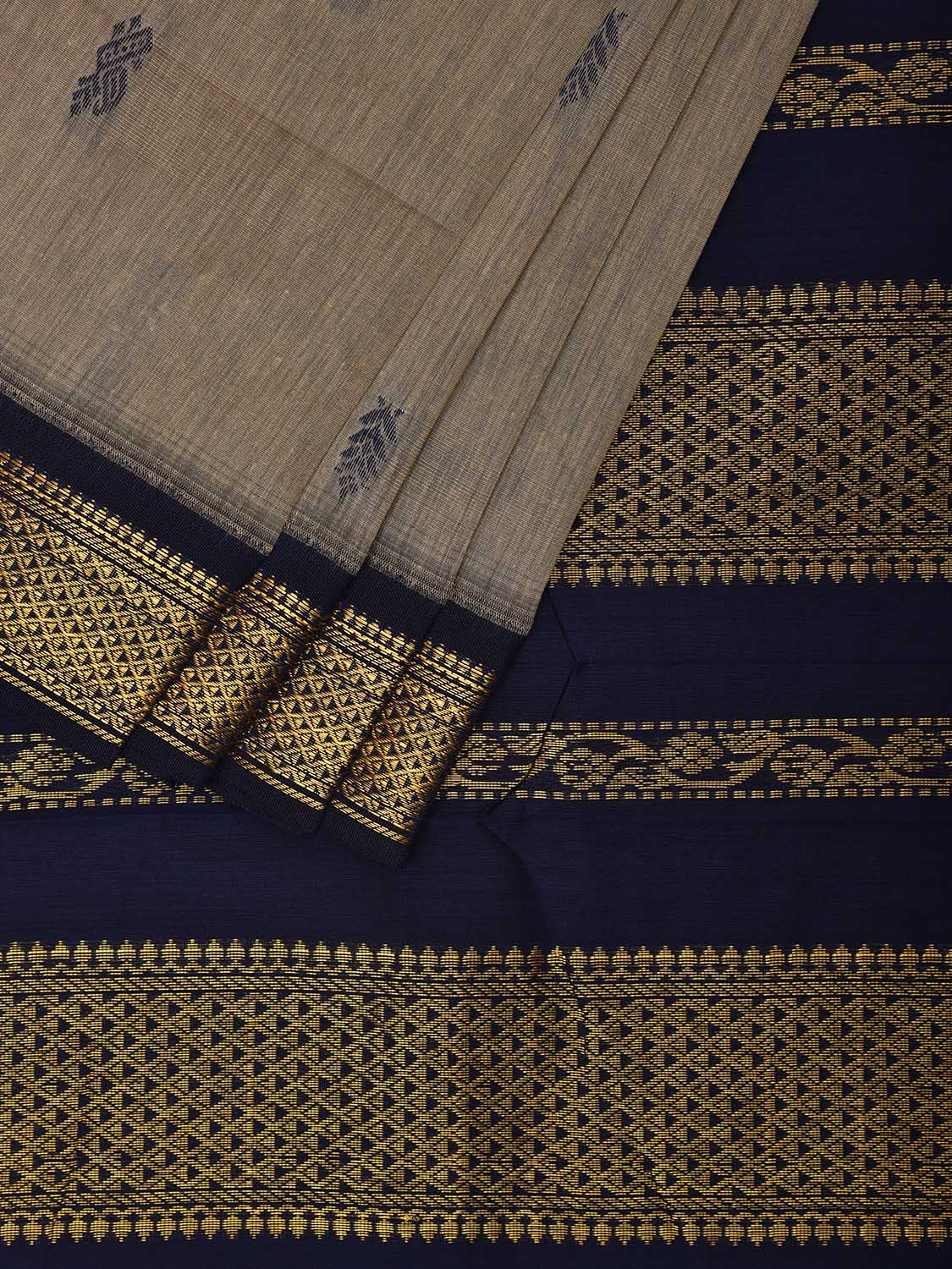 Light Grey and Navy Gadwal Cotton Saree with Pallu and Border Design g0416