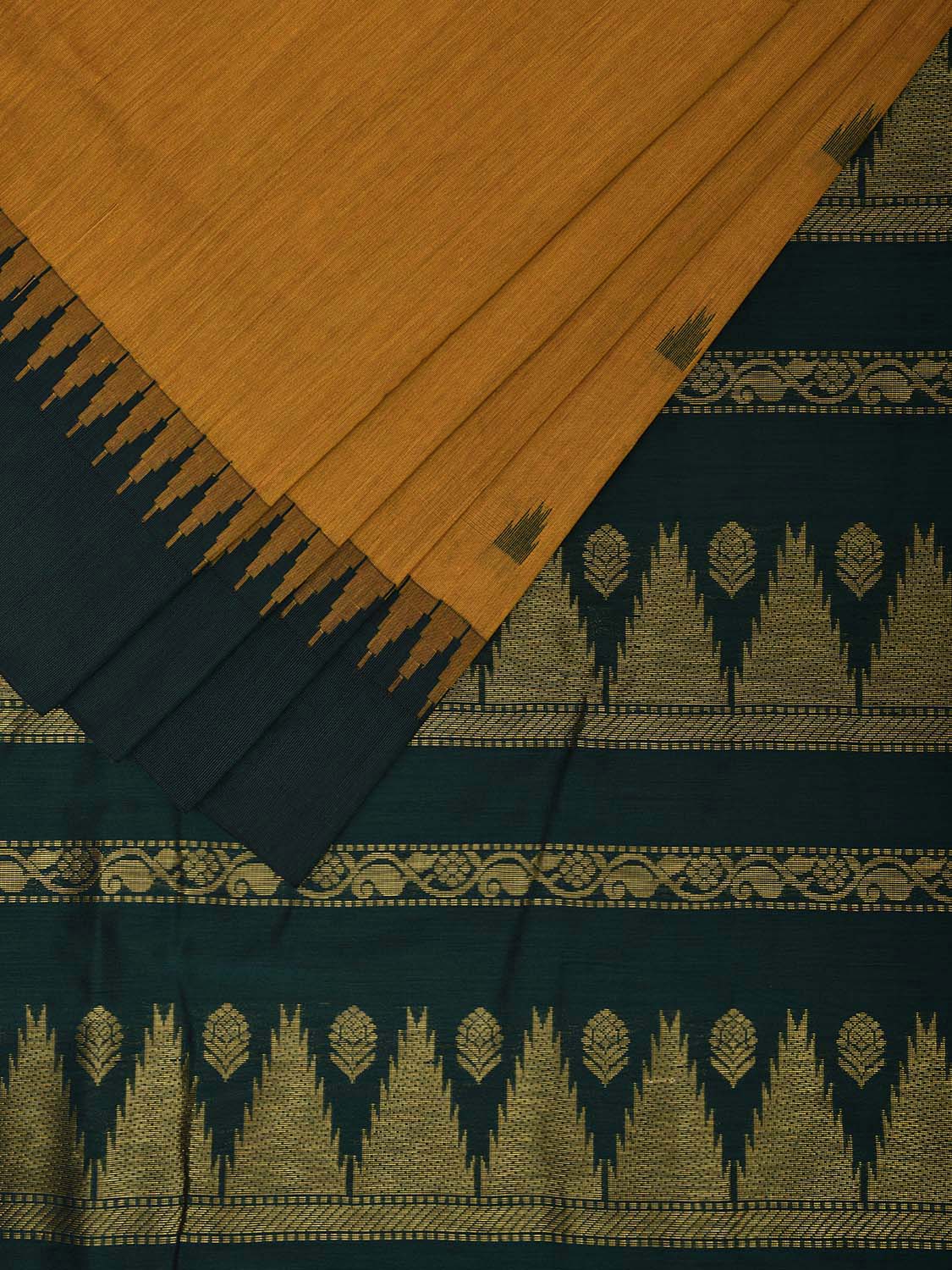 Mustard and Green Gadwal Cotton Saree with But and Temple Border Design g0447