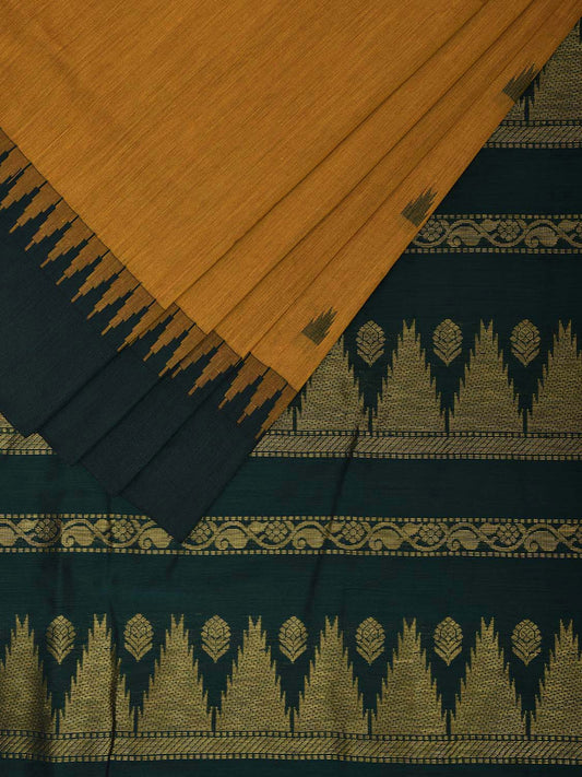 Mustard and Green Gadwal Cotton Saree with But and Temple Border Design g0447