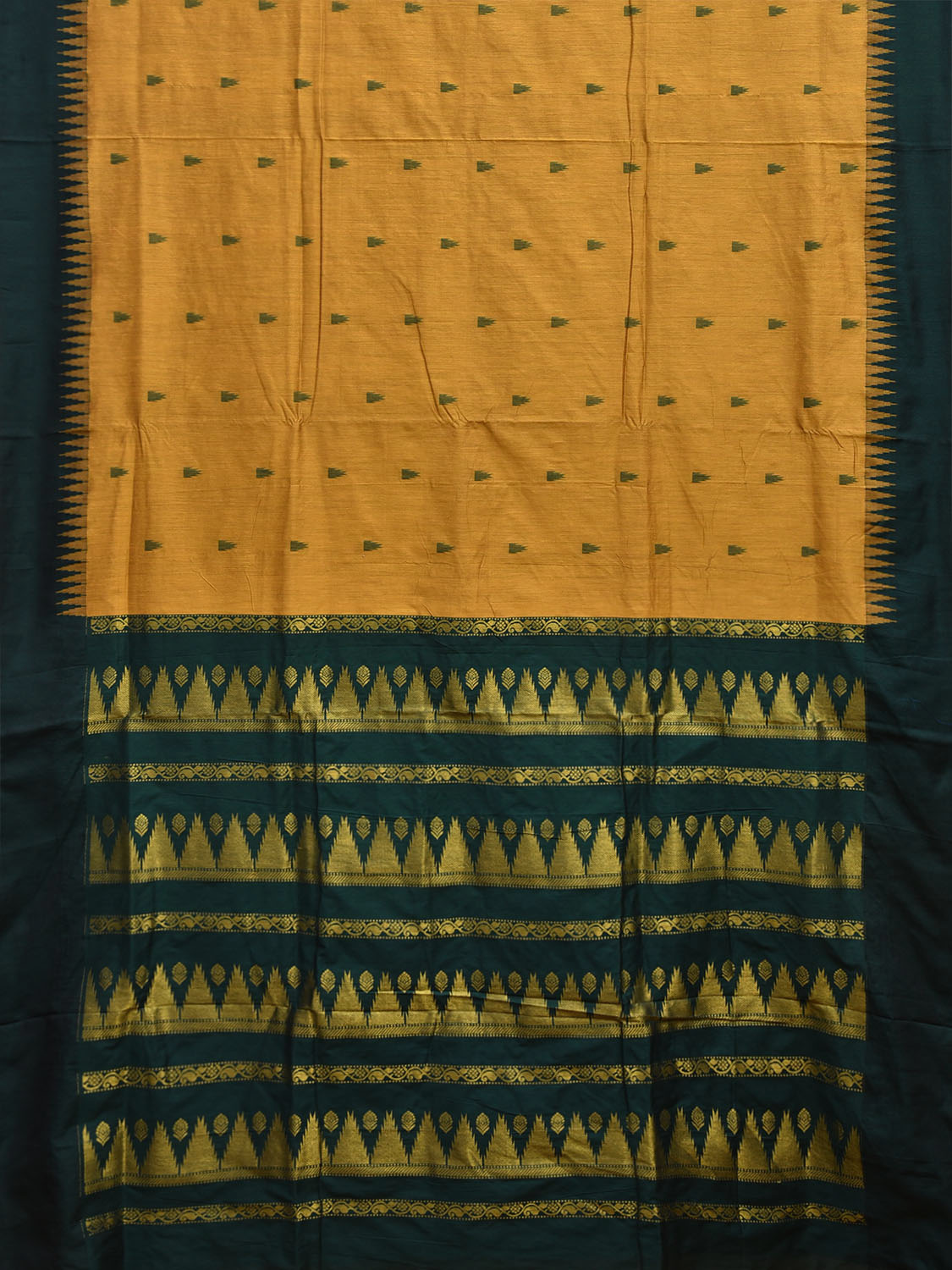 Mustard and Green Gadwal Cotton Saree with But and Temple Border Design g0447