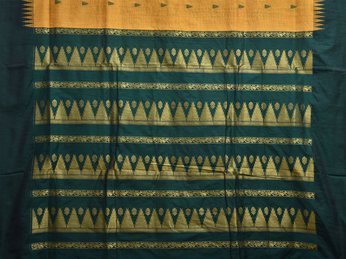 Mustard and Green Gadwal Cotton Saree with But and Temple Border Design g0447