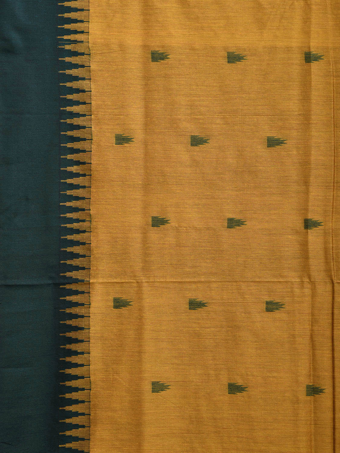 Mustard and Green Gadwal Cotton Saree with But and Temple Border Design g0447