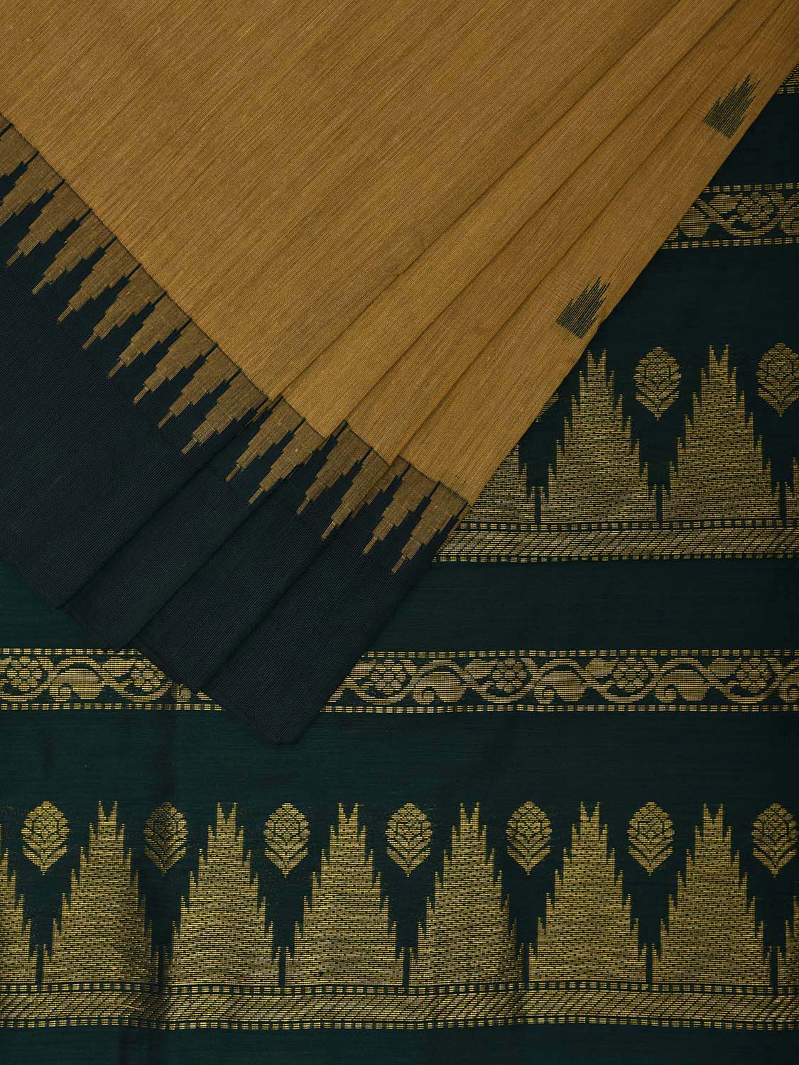 Light Yellow and Green Gadwal Cotton Saree with Body Buta and Temple Border Design g0448