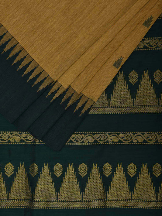 Light Yellow and Green Gadwal Cotton Saree with Body Buta and Temple Border Design g0448