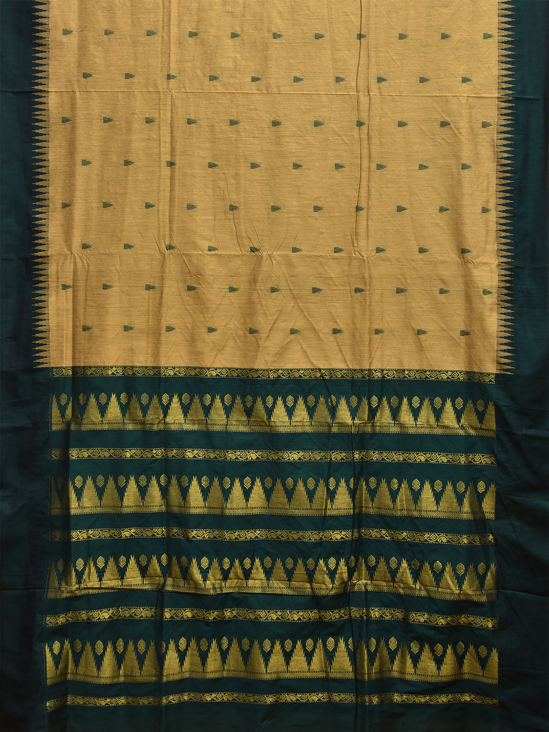 Light Yellow and Green Gadwal Cotton Saree with Body Buta and Temple Border Design g0448