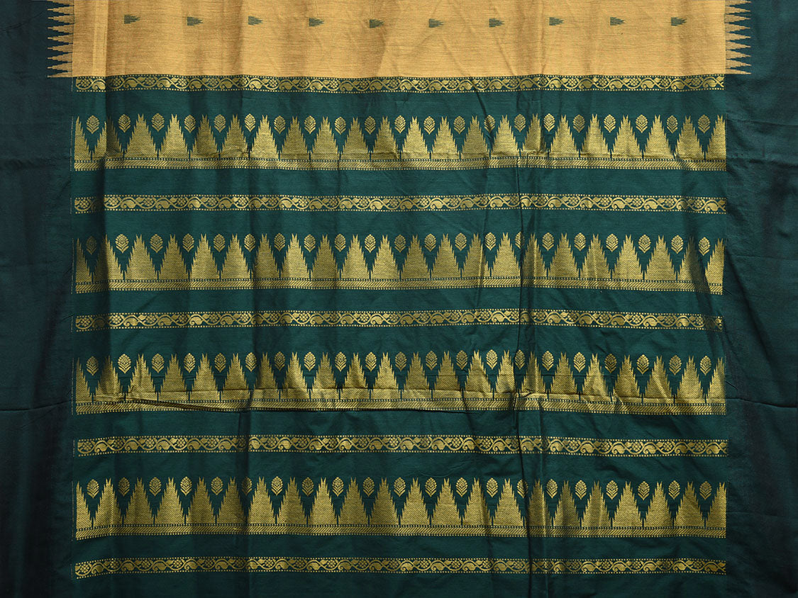 Light Yellow and Green Gadwal Cotton Saree with Body Buta and Temple Border Design g0448