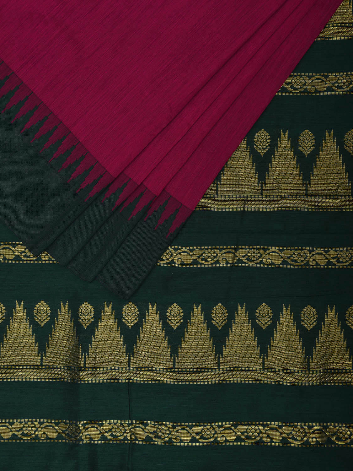 Pink and Green Gadwal Cotton Viscose Saree with Body Buta and Temple Border Design g0449