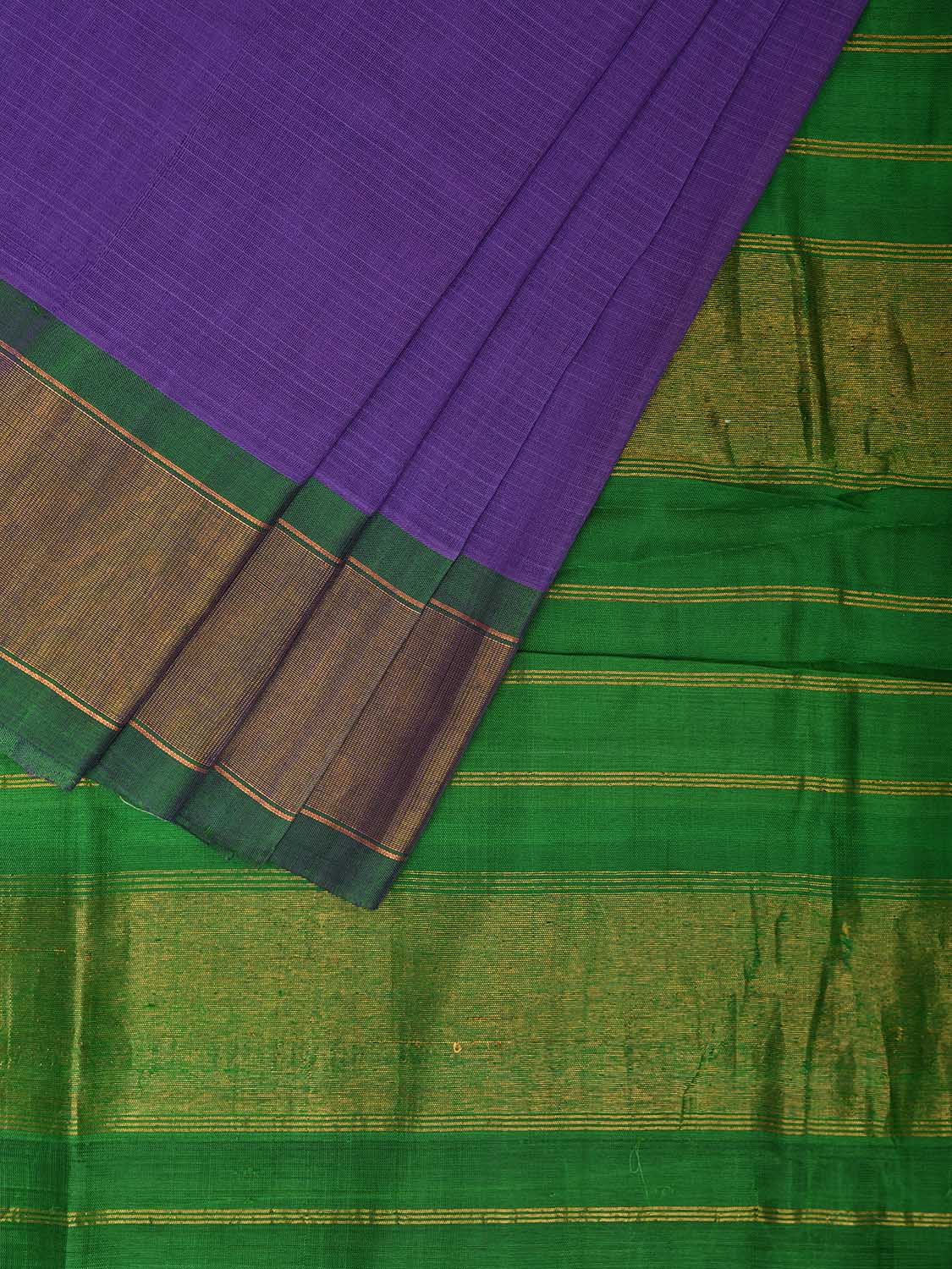 Lavender and Green Gadwal Cotton Silk Plain Saree with Strips Pallu Design g0451