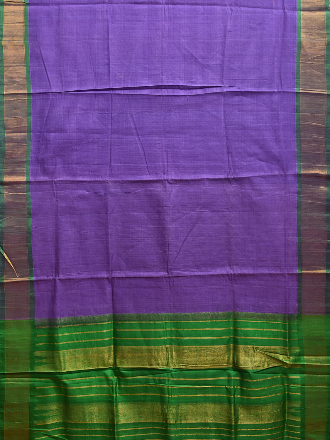 Lavender and Green Gadwal Cotton Silk Plain Saree with Strips Pallu Design g0451