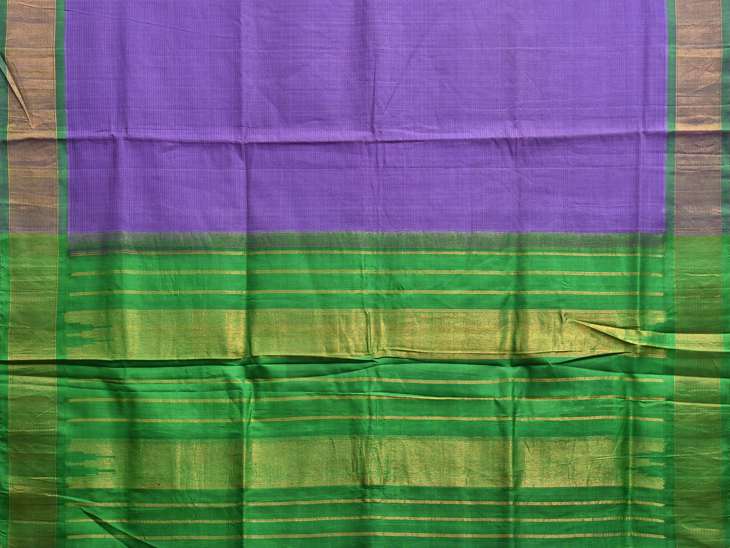 Lavender and Green Gadwal Cotton Silk Plain Saree with Strips Pallu Design g0451