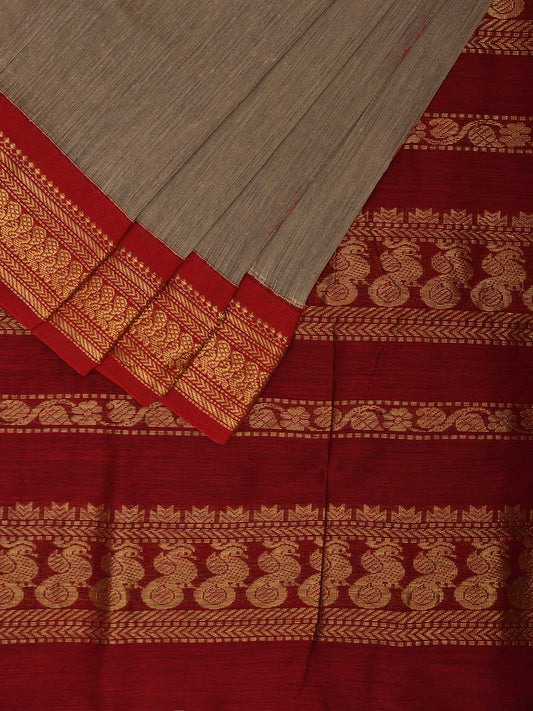 Khaki and Red Gadwal Cotton Saree with Body Buta and Pallu Design g0452