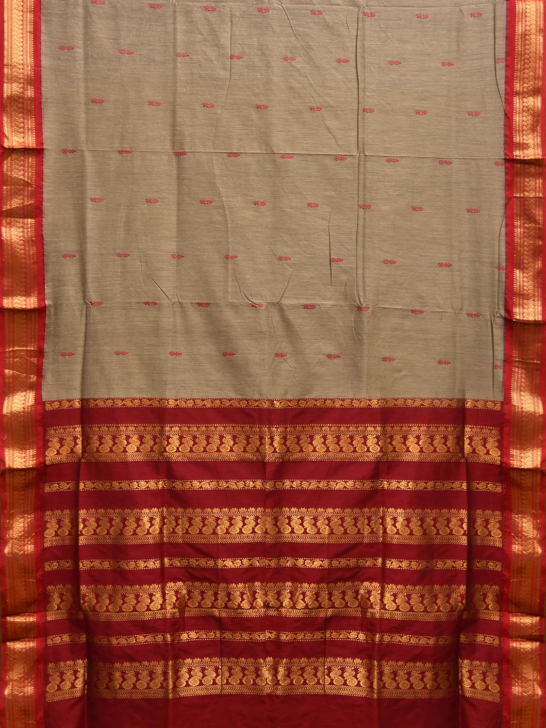 Khaki and Red Gadwal Cotton Saree with Body Buta and Pallu Design g0452