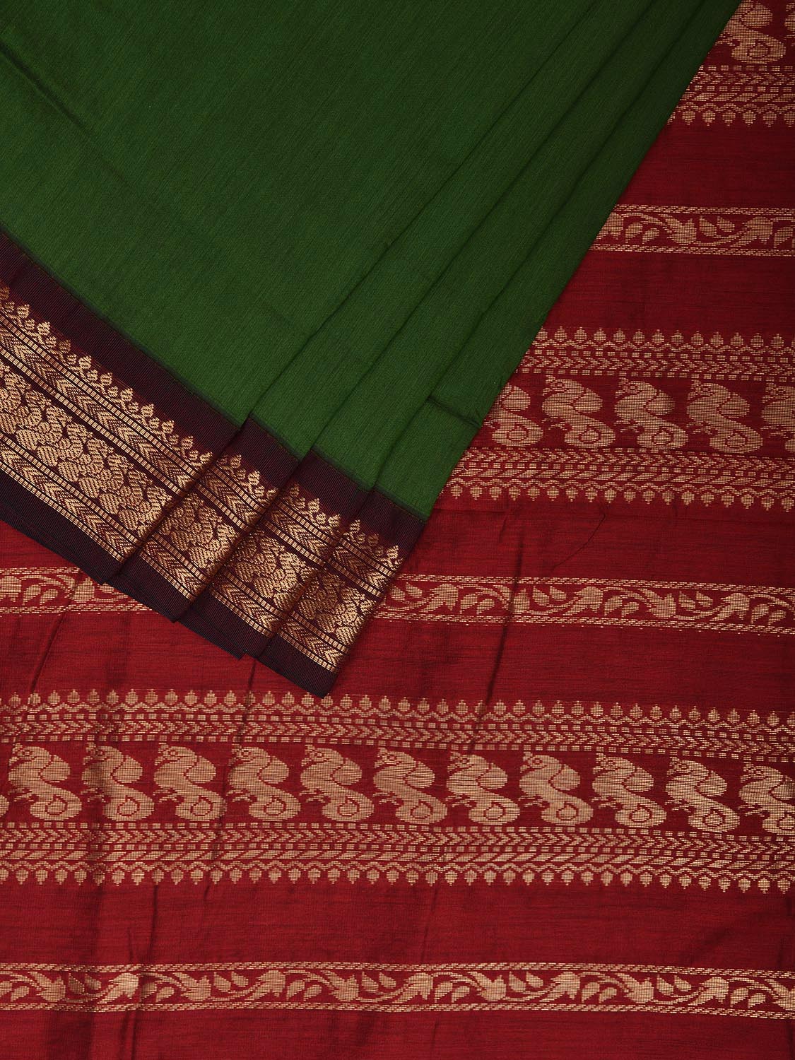 Green and Red Gadwal Cotton Saree with Body Buta and Pallu Design g0453