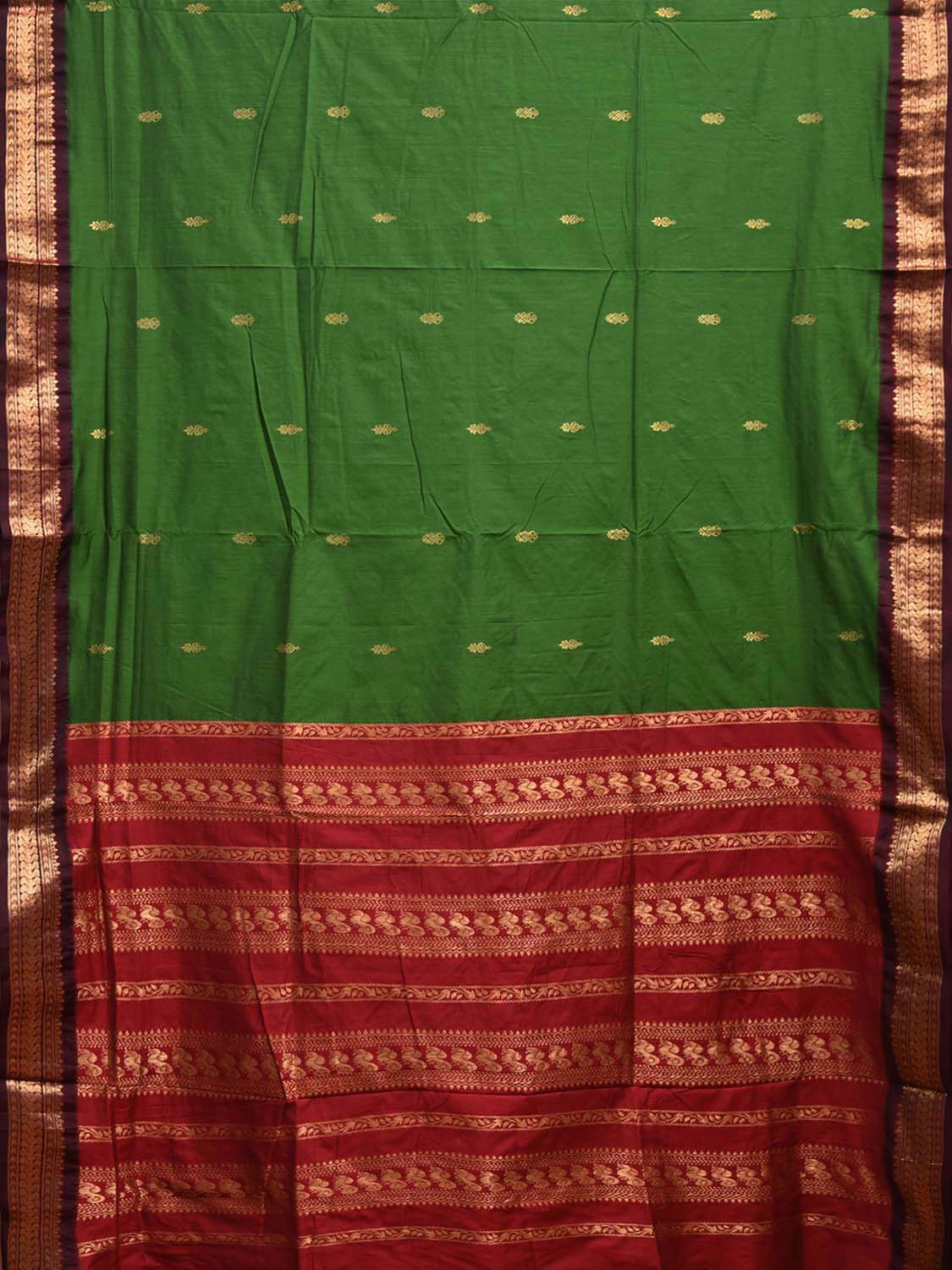 Green and Red Gadwal Cotton Saree with Body Buta and Pallu Design g0453