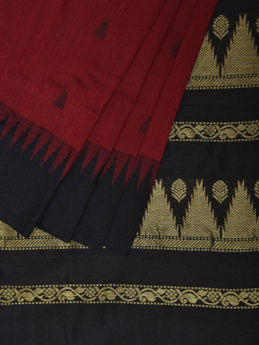 Red and Black Gadwal Cotton Viscose Saree with Temple Border Design g0477