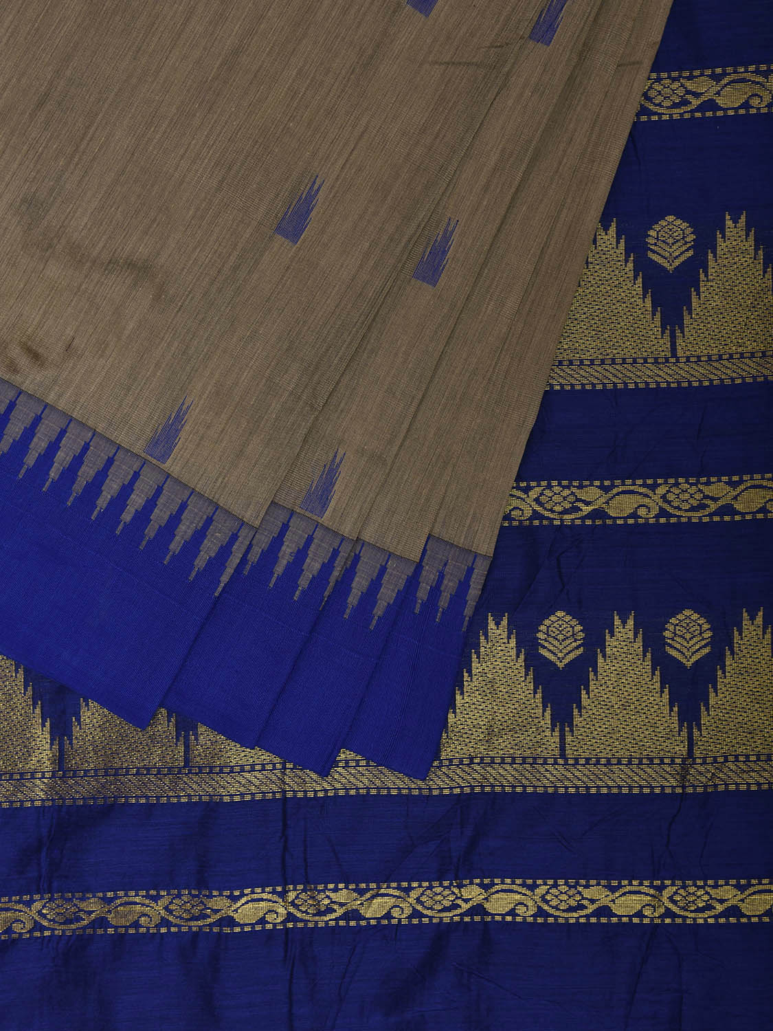 Grey and Blue Gadwal Cotton Viscose Saree with Temple Border Design g0480