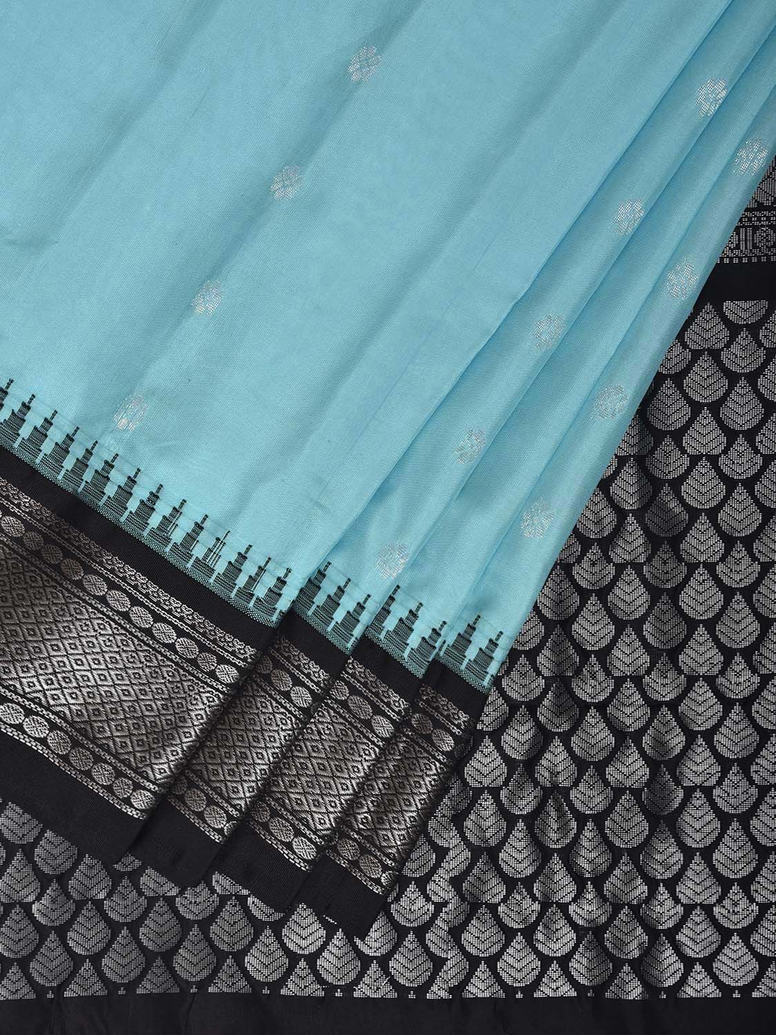 Sky Blue and Black Gadwal Silk Saree with Border and Mango Pallu Design g0481