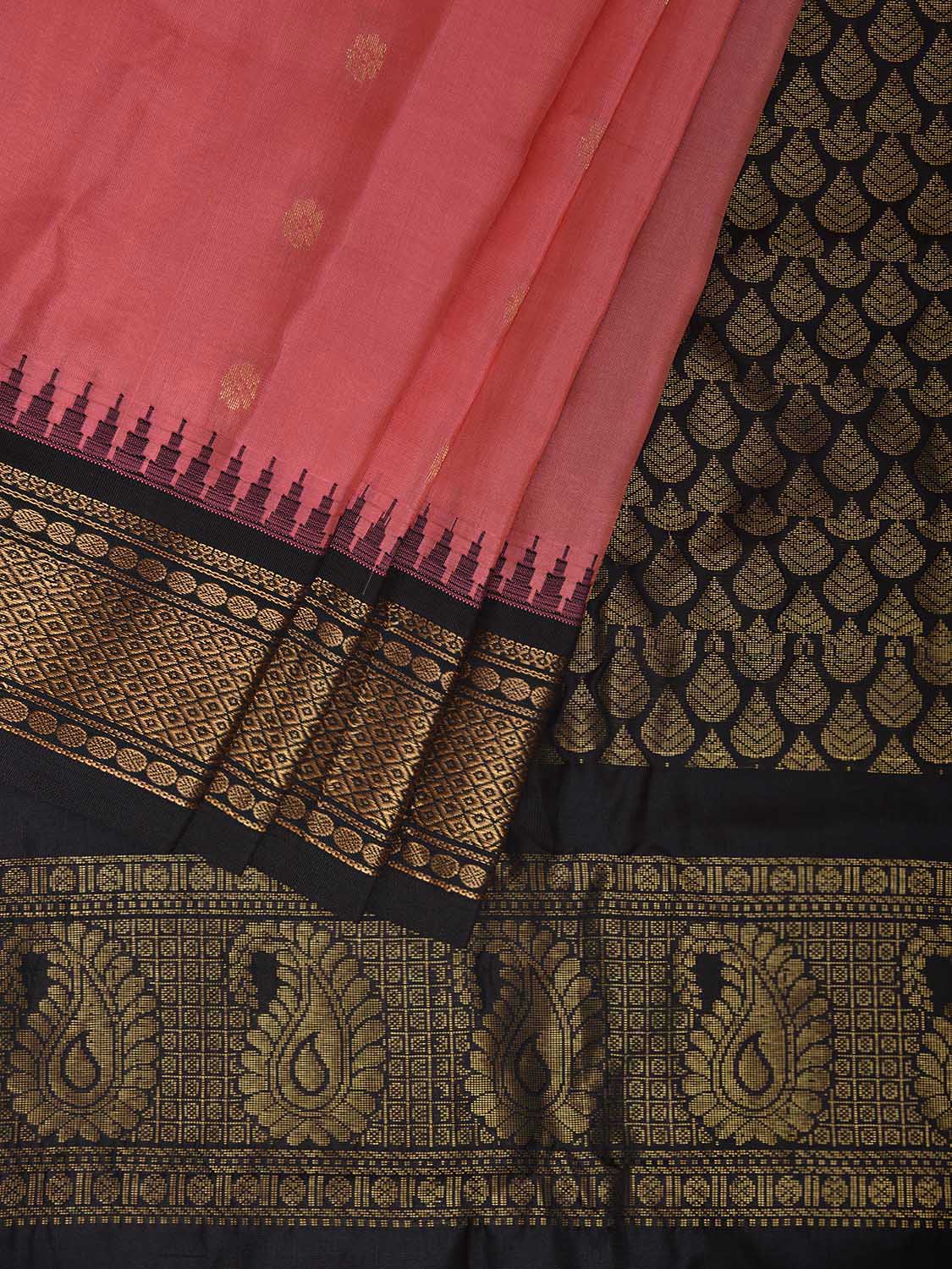Peach and Black Gadwal Silk Saree with Border and Mango Pallu Design g0483