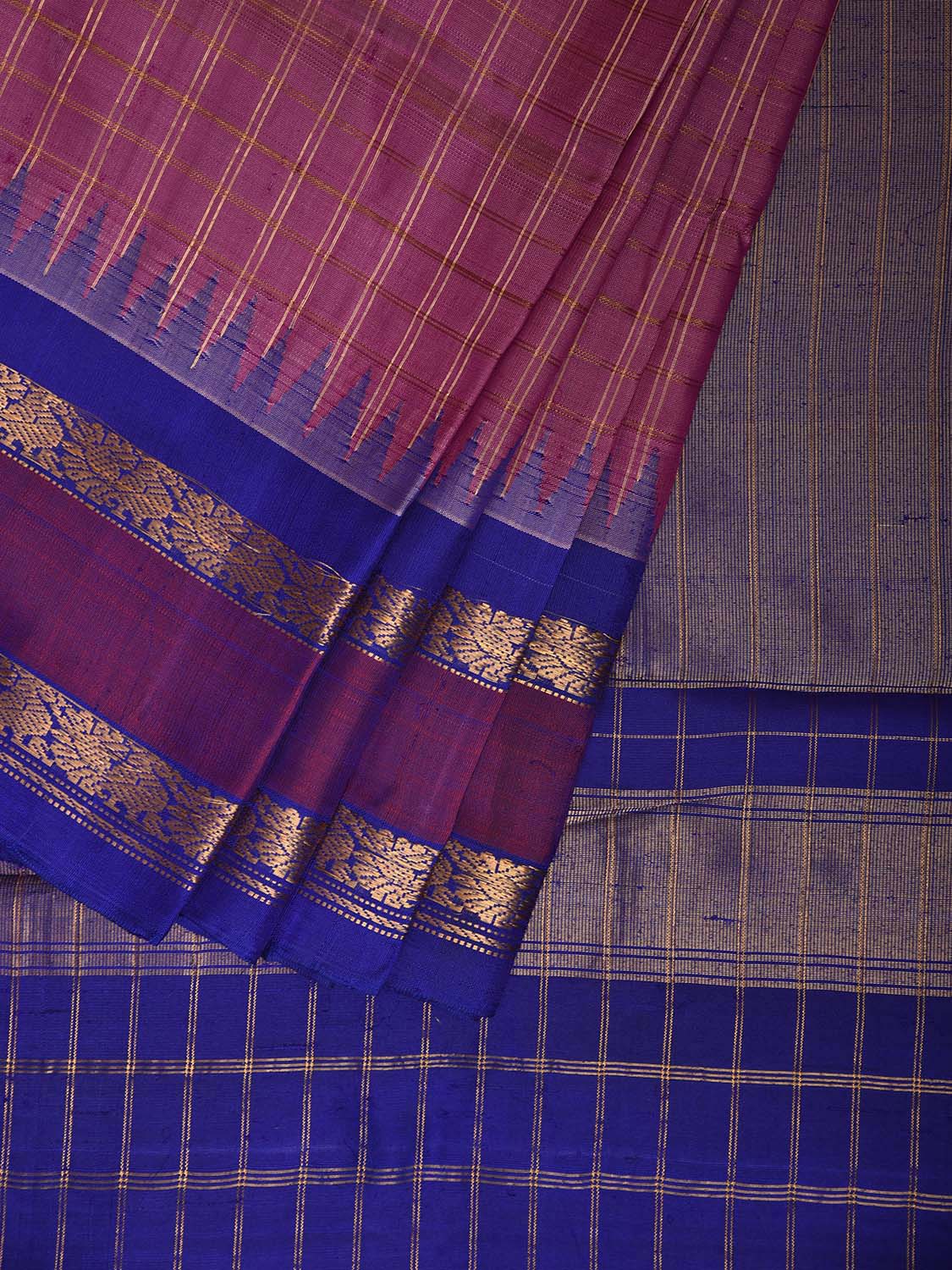 Pink and Blue Gadwal Silk Saree with Checks and Temple Border Design g0485
