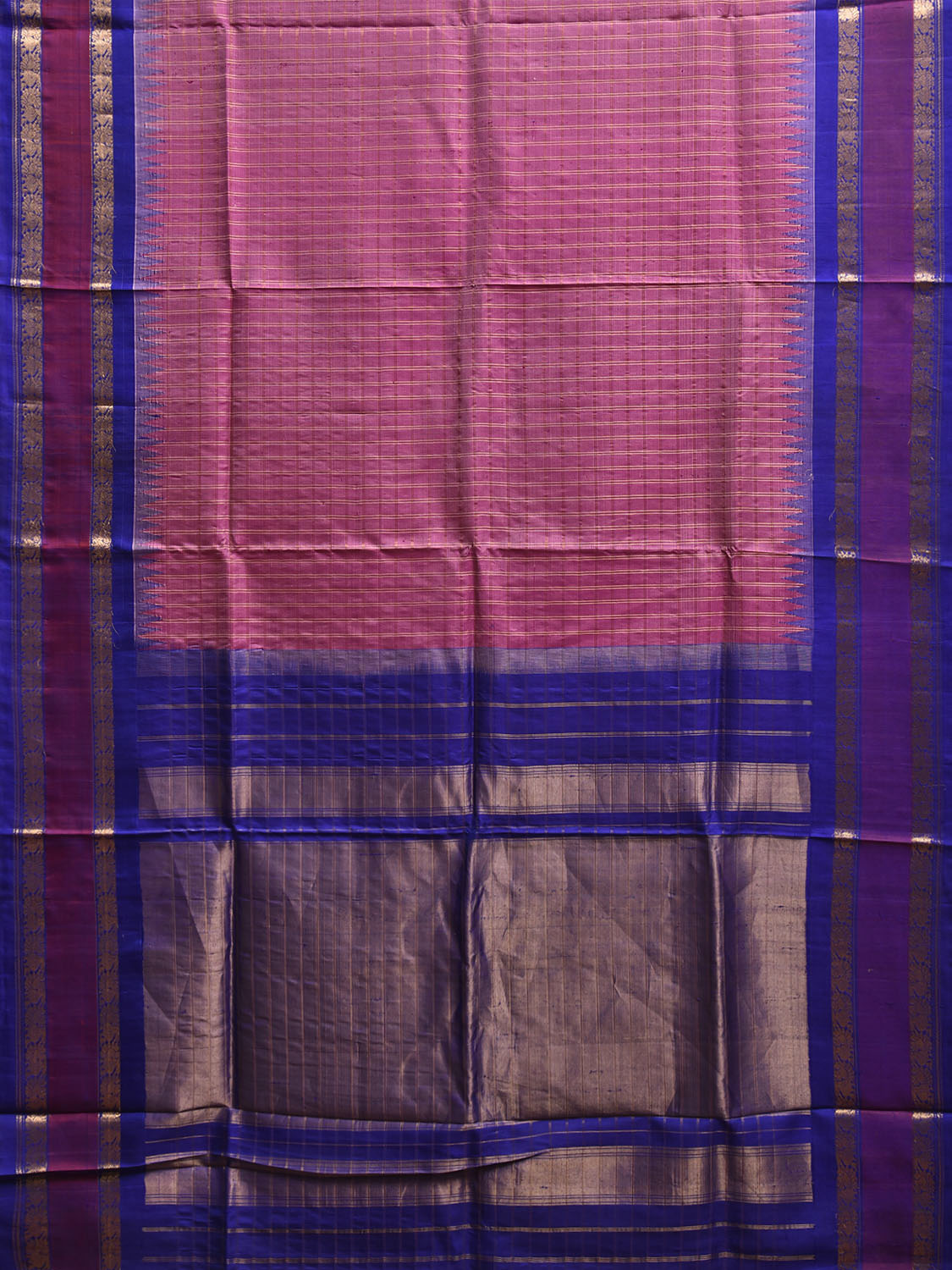 Pink and Blue Gadwal Silk Saree with Checks and Temple Border Design g0485