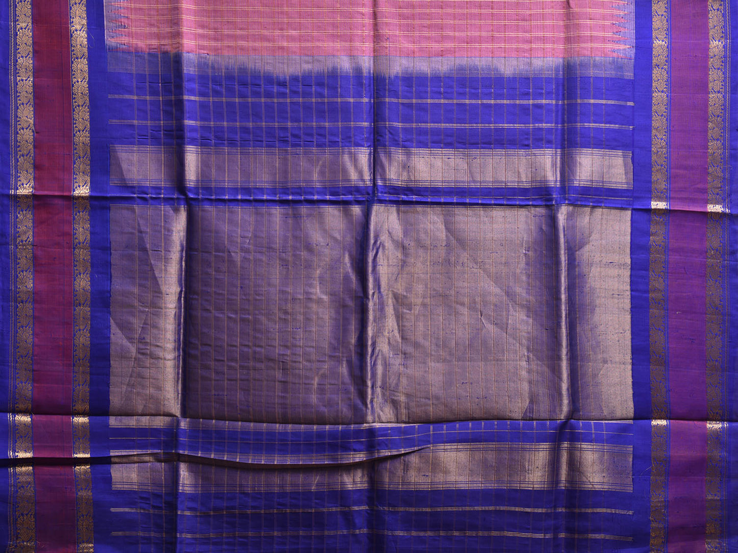 Pink and Blue Gadwal Silk Saree with Checks and Temple Border Design g0485